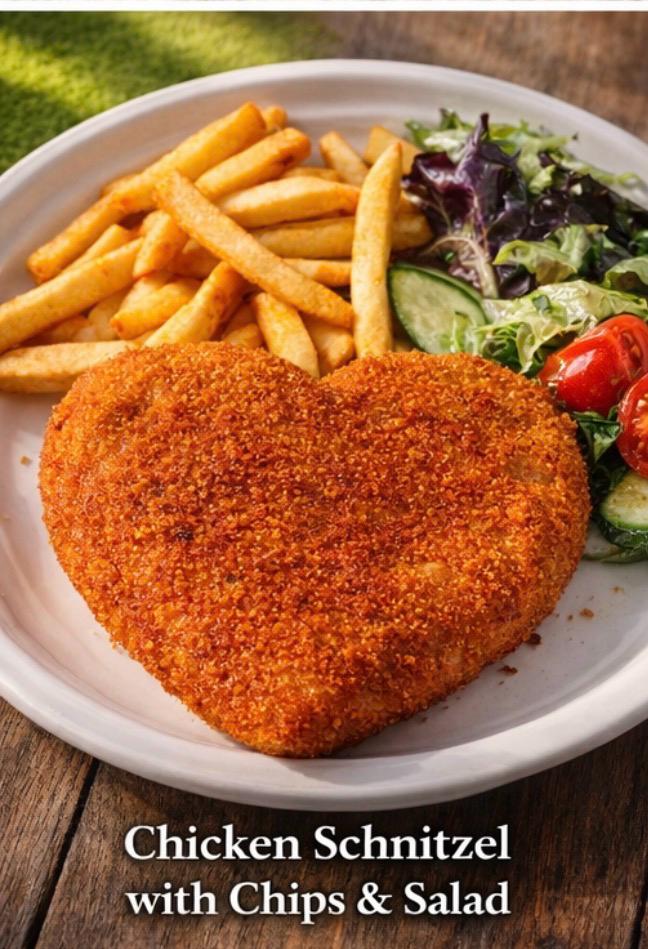 Golden Crispy Chicken Schnitzel with Chips & Salad